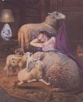 Chica reclinada en oveja Surrealismo Pinturas al óleo